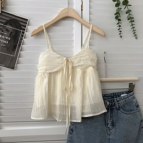 Summer New Korean Style Sweet Crop Tops All-Match Bow Tie Sleeveless Short Mesh Outer Wear Spaghetti-Strap Camisole Top