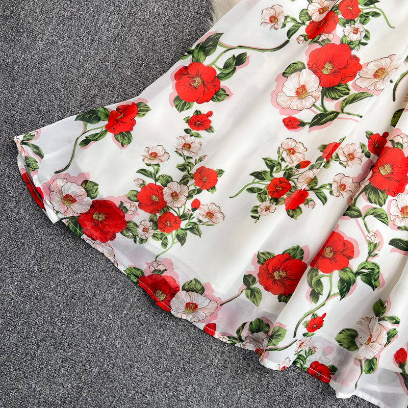 Sixsr Summer Outfits Ladies French Retro V-neck Floral Women Dress Elegant Draped Flowers Short Puff Sleeves Slim Fairy Mid-calf A-line Dress