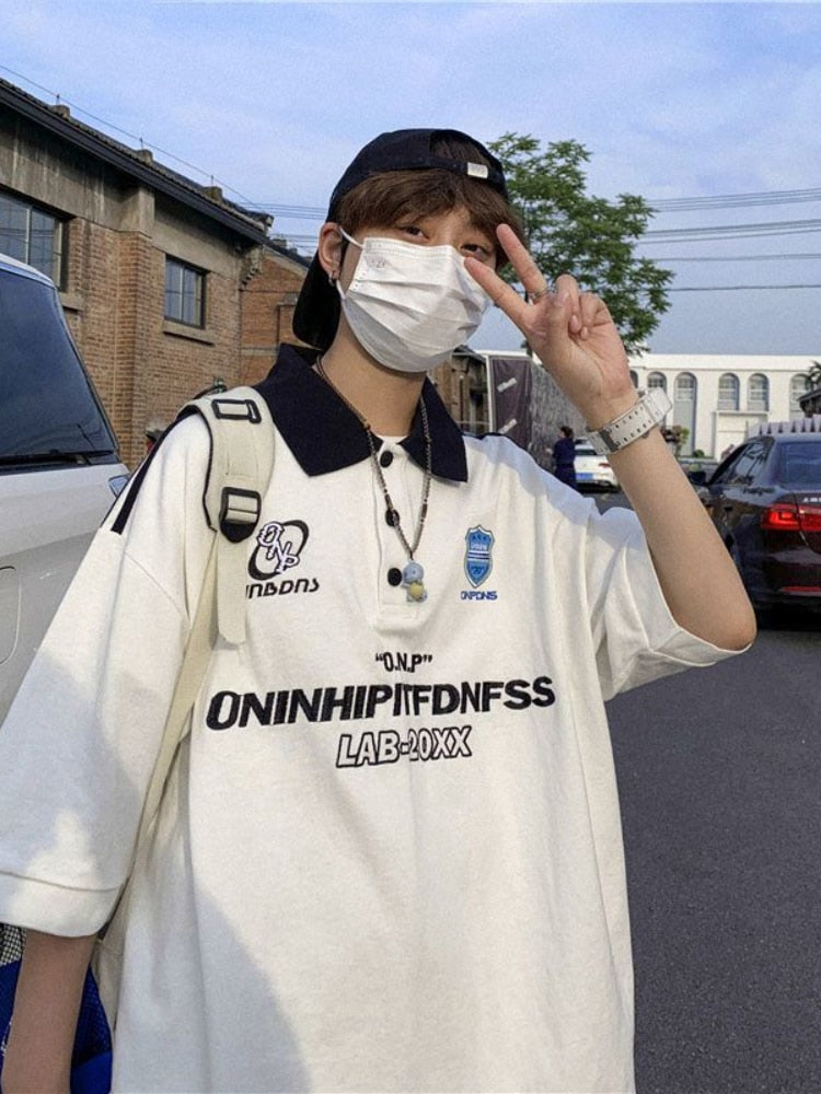 Sixsr American Baseball Lapel Shirt Preppy Vintage Letter Embroidery Jerseys Unisex Hip Hop Short-sleeved Tees Men Half Button Up Top