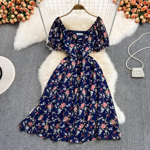 Sixsr Summer Outfits Ladies French Retro V-neck Floral Women Dress Elegant Draped Flowers Short Puff Sleeves Slim Fairy Mid-calf A-line Dress