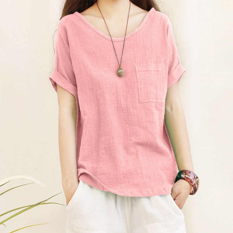 Green Loose Cotton Linen Blouse Oversize 5XL Blouses Women Summer Shirts Casual Short Sleeve O Neck Solid Shirt Lady Tops