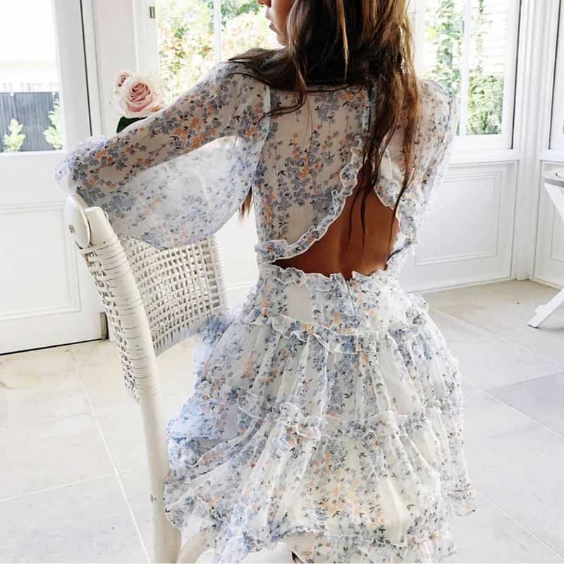 sixsr Harlow Floral Print Ruffle Dress women backless V-neck dress women mini summer dress ladies party dress