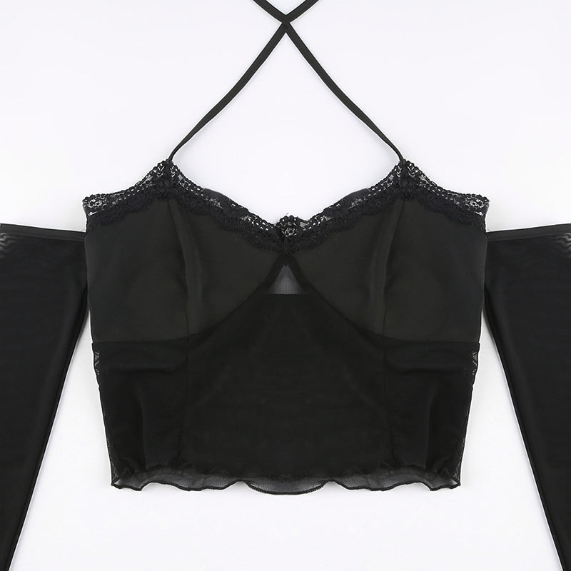 sixsr Hot Sell Slash Neck Sexy Black Mesh T-Shirts Women Lace Patchwork Rave Goth Clubwear Backless Halter Tie Up Spaghetti Strap Tops
