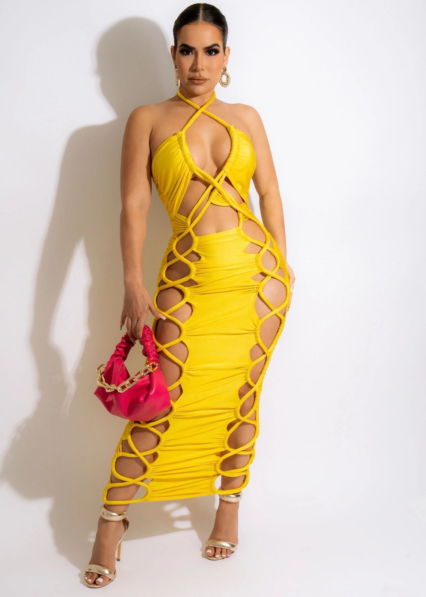 Sexy High Slit Lace Up Bodycon Dress for Women Summer Halter Cut Out Evening Club Party Long Dresses Robe Femme y2k Clothes