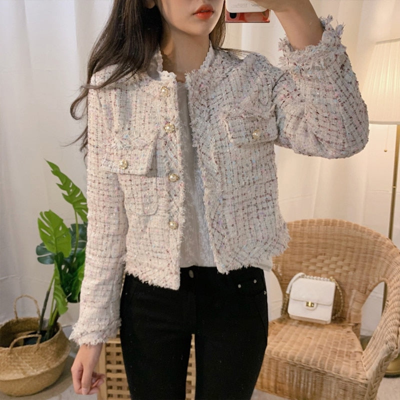 sixsr  Trends New Autumn Women Single-Breasted Tweed Jacket High Quality Female Elegant Korean Chic Short Coat