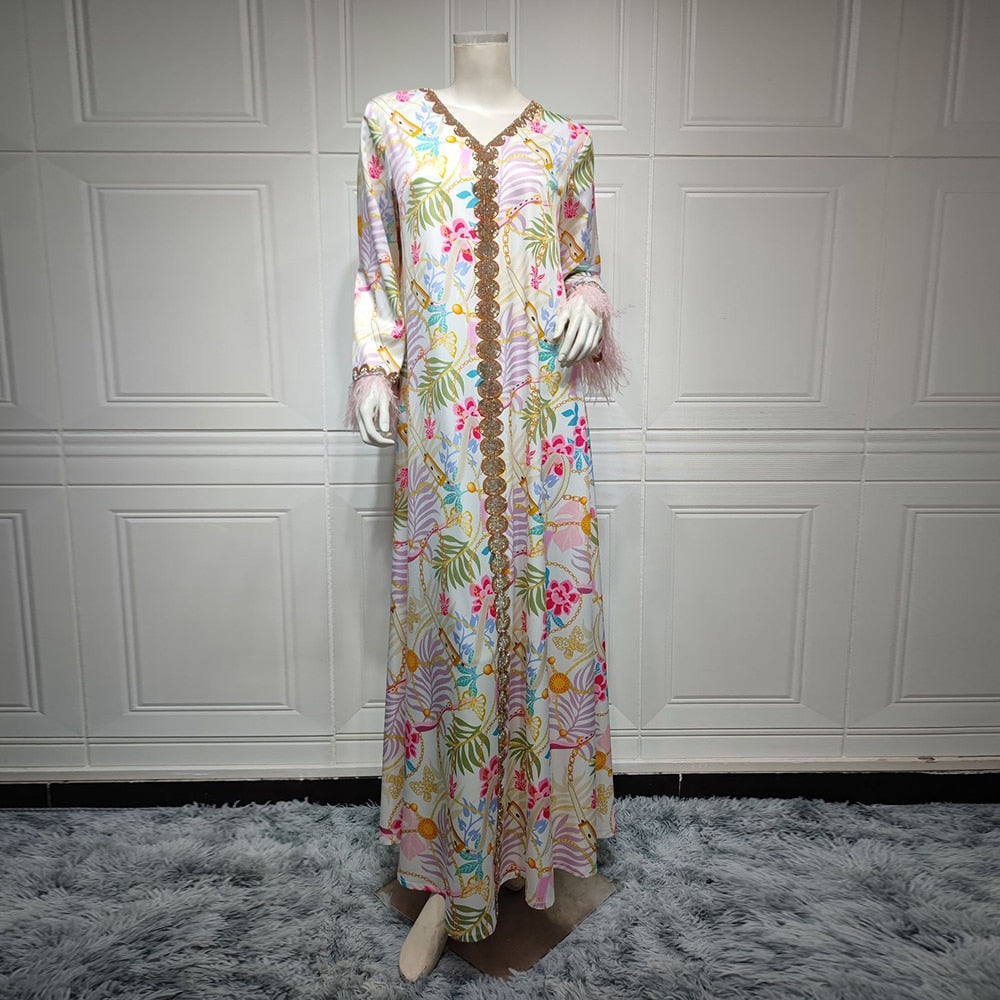 Muslim Woman Dress Moroccan Jalabiya Dubai Rhinestones Beaded V Neck Long Sleeve Feather Patchwork Print Gulf Abayas