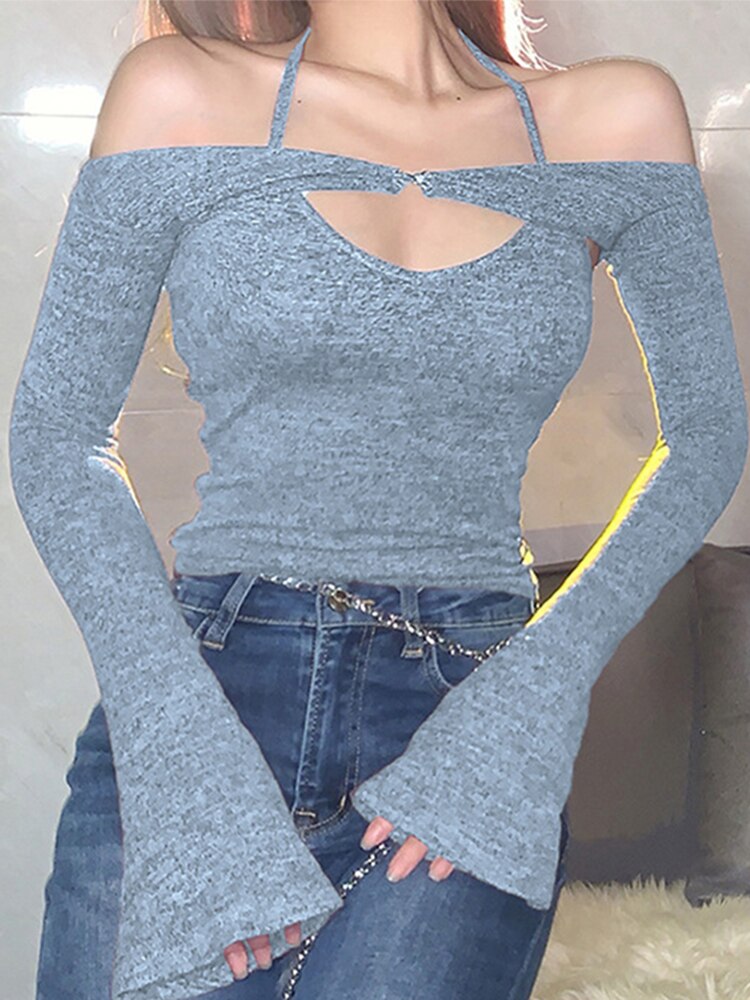 Sixsr Y2K Top Women Long Sleeve T-Shirts 2 Piece Tops Halter Tanks Backless Crop Top Off Shoulder Tees Sexy Christmas Clothes