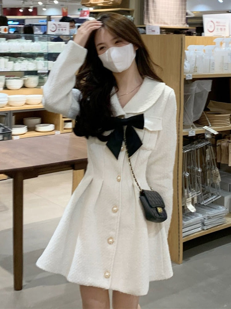 sixsr Fall Fashion Sweet Kawaii Lolita White Dress Women Japanese Soft Peter Pan Collar Cute Short Dresses Elegant Autumn Bow