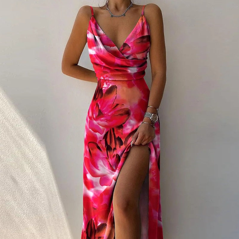 Sexy High Split Up Long Dress For Women Summer Print Party Dress Sleeveless Slip V Neck Elegant Dresses Ladies Evening Robe