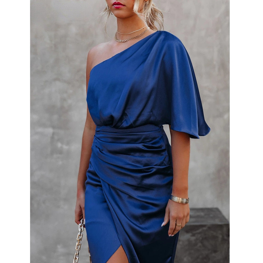 sixsr Sexy Party Satin Silk Autumn Winter Dress For Women Short Sleeve One Shoulder High Split Bandage Long Dresses Summer New