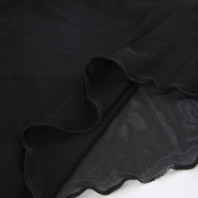 sixsr Hot Sell Slash Neck Sexy Black Mesh T-Shirts Women Lace Patchwork Rave Goth Clubwear Backless Halter Tie Up Spaghetti Strap Tops