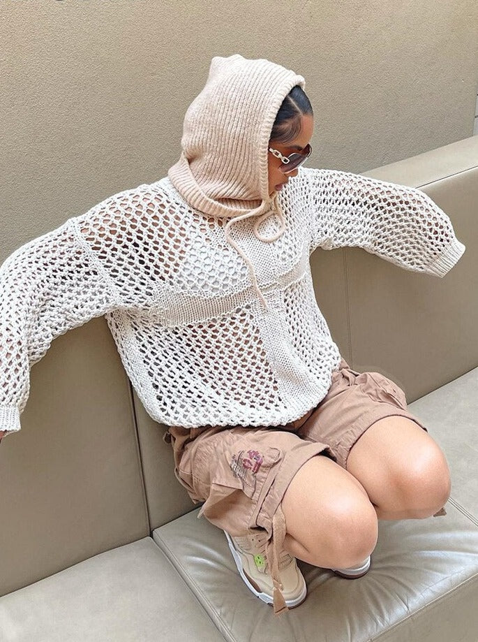 sixsr New Women's Fashion Y2K Harajuku Hollow Out Knit Pullovers Crewneck Vintage Top Fairycore Grunge Top Fashion Loose Retro Smock Sweater Summer Shirts