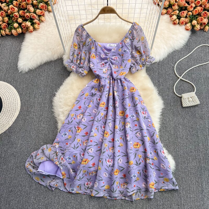 Sixsr Summer Outfits Ladies French Retro V-neck Floral Women Dress Elegant Draped Flowers Short Puff Sleeves Slim Fairy Mid-calf A-line Dress