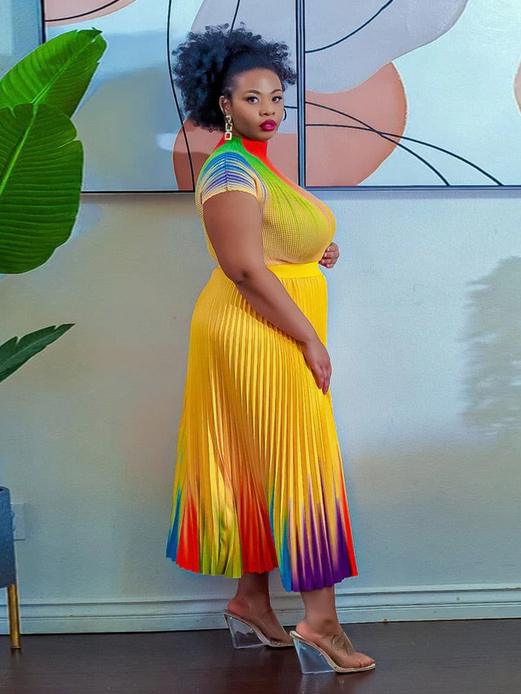 Long Pleated Dress Sets Women 2 Piece Outfits Summer Short Sleeve Gardient Print Swing Skirt Set Elegant Casual New In