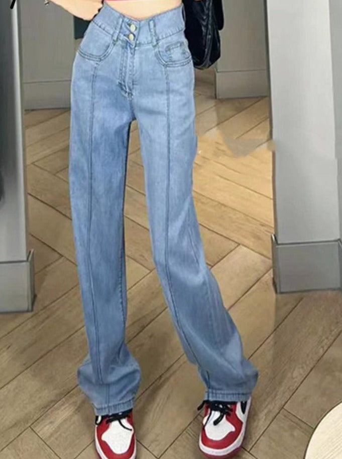 Vintage Jeans for Women New High Waisted Korean Fashion 2 Button Slim Straight Jeans Streetwear Chic Casual Jeans