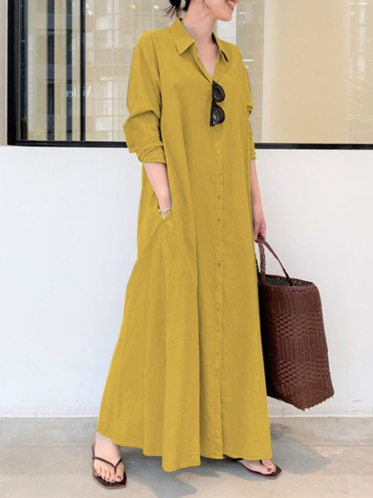 Summer New Dress Fashion Cotton Linen Striped Cardigan Loose Large Casual Temperament Commuter Irregular Women's Long Dress tops