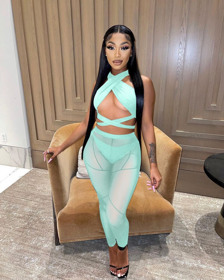 sixsr Womens Fashion 3 Pieces Set Bandage Lace Up Halter Crop Top Sheer Mesh Pants set Party Night Club Outfits Streetwear See Through Cloth