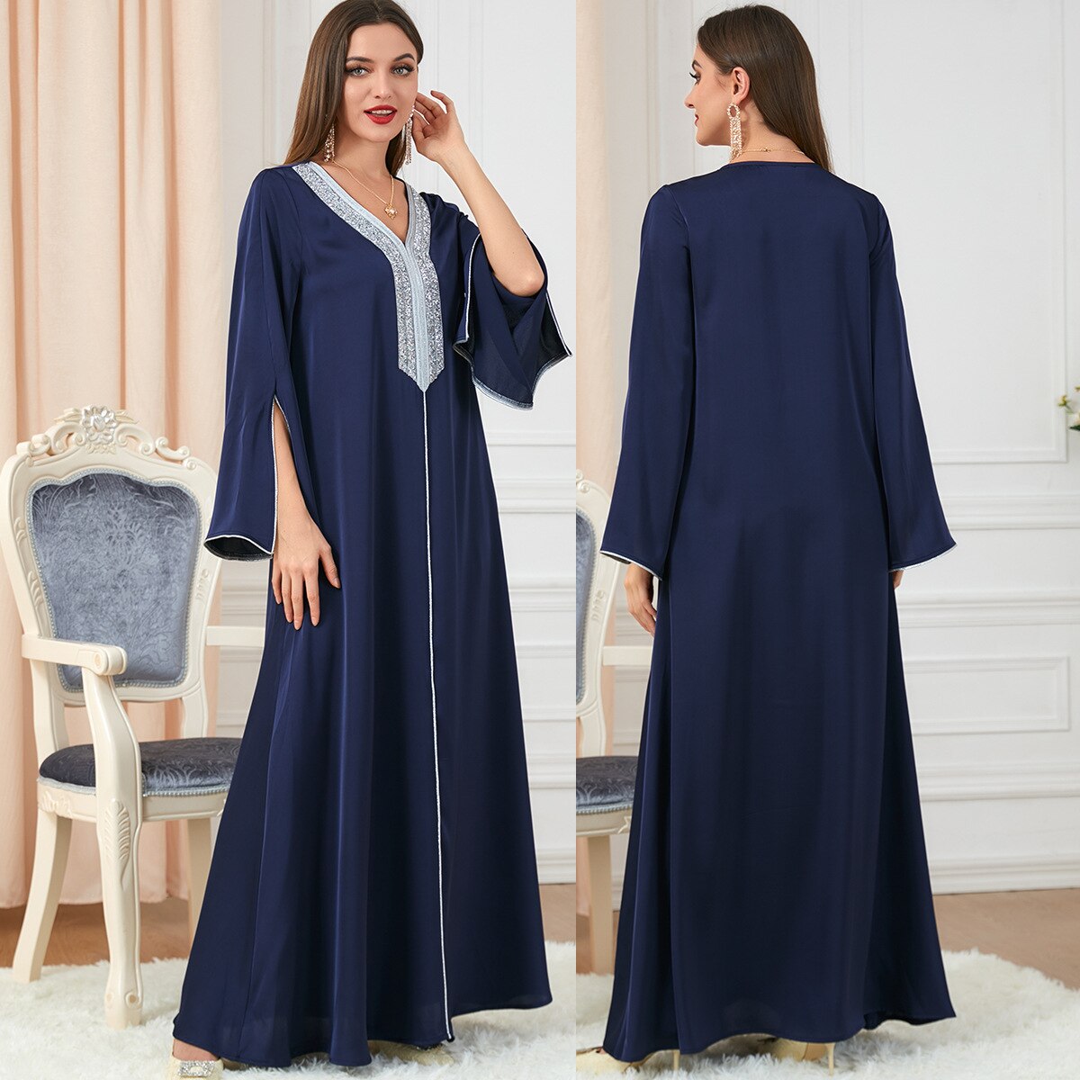 Morocco Party Dress Muslim Women Abaya Prayer Caftan V Neck Diamond Maxi Dresses Robe India Abayas Dubai Longue Vestidos Largos