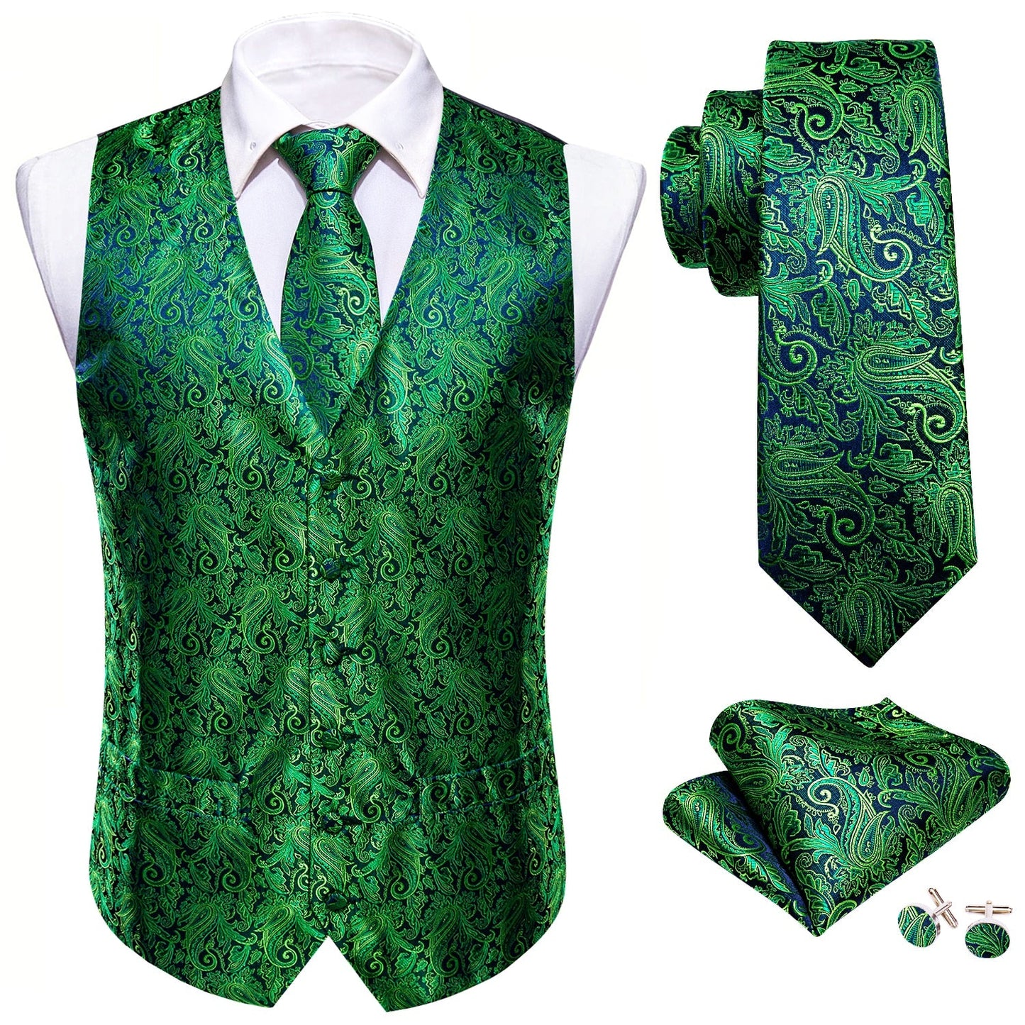 Sixsr 4PC Mens Extra Silk Vest Party Wedding Gold Paisley Solid Floral Waistcoat Vest Pocket Square Tie Suit Set Barry.Wang BM-2017