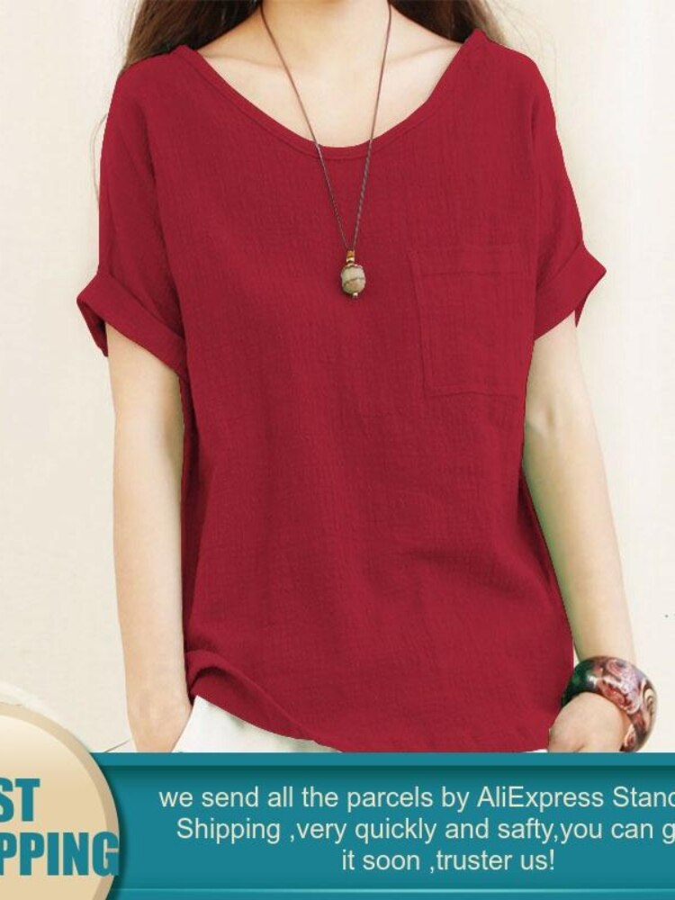 Green Loose Cotton Linen Blouse Oversize 5XL Blouses Women Summer Shirts Casual Short Sleeve O Neck Solid Shirt Lady Tops