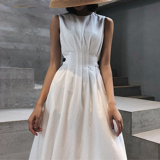 sixsr Summer Outfits Summer Women Solid Long Dress White Chic Elegant Casual Party O Neck Sleeveless Tank Female Waist Retraction Holiday Party Robe