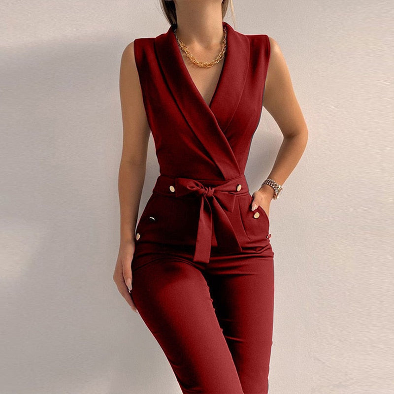 New Solid Casual Women Summer Jumpsuits V-Neck Lace-Up Sleeveless Wide Leg Pants Button Ladies Bodysuits Streetwear