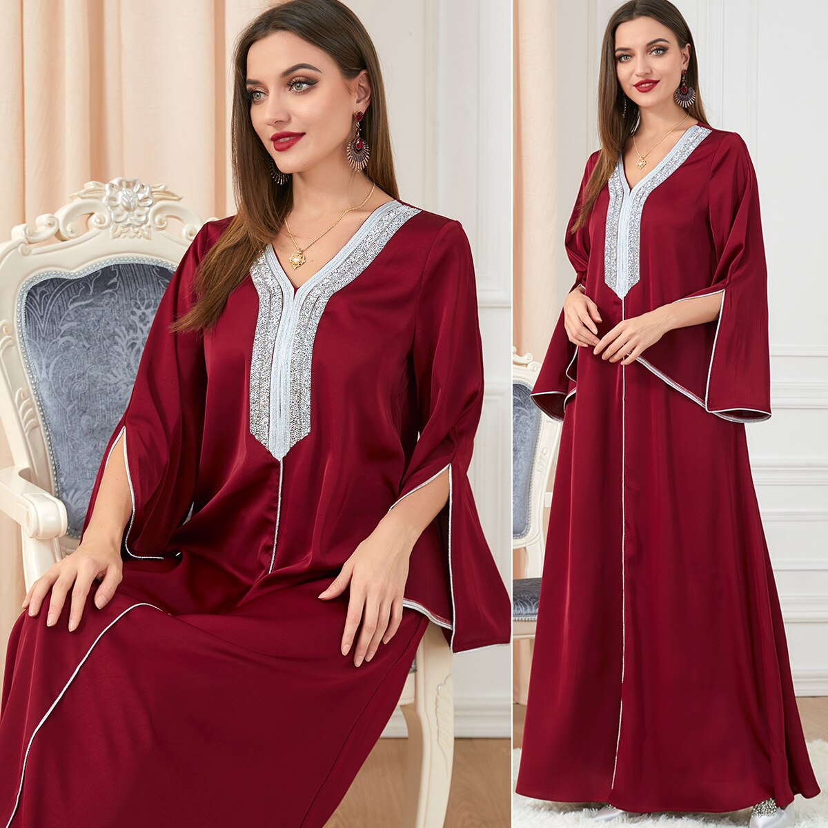 Morocco Party Dress Muslim Women Abaya Prayer Caftan V Neck Diamond Maxi Dresses Robe India Abayas Dubai Longue Vestidos Largos