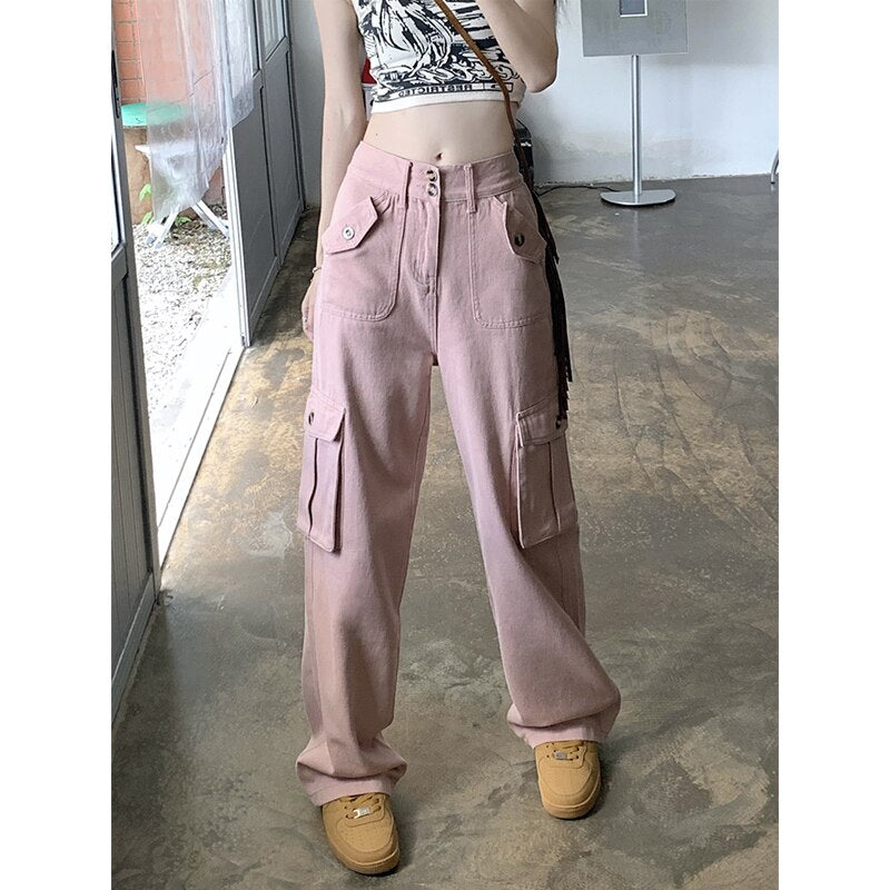 Cargo Pants for Women New High Waisted Pockets Korean Baggy Wide Leg Pants Streetwear Casual Full Length Pants
