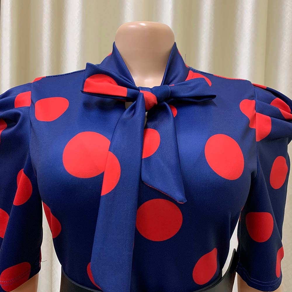 Elegant Office Dresses for Ladies Business Dot Printed High Waisted Short Sleeve Mid Calf Fashion Work Wear Cloth Dress OL