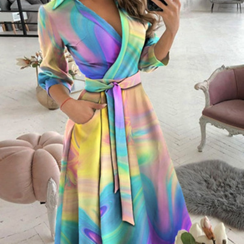 v neck long sleeve spring summer printed dress