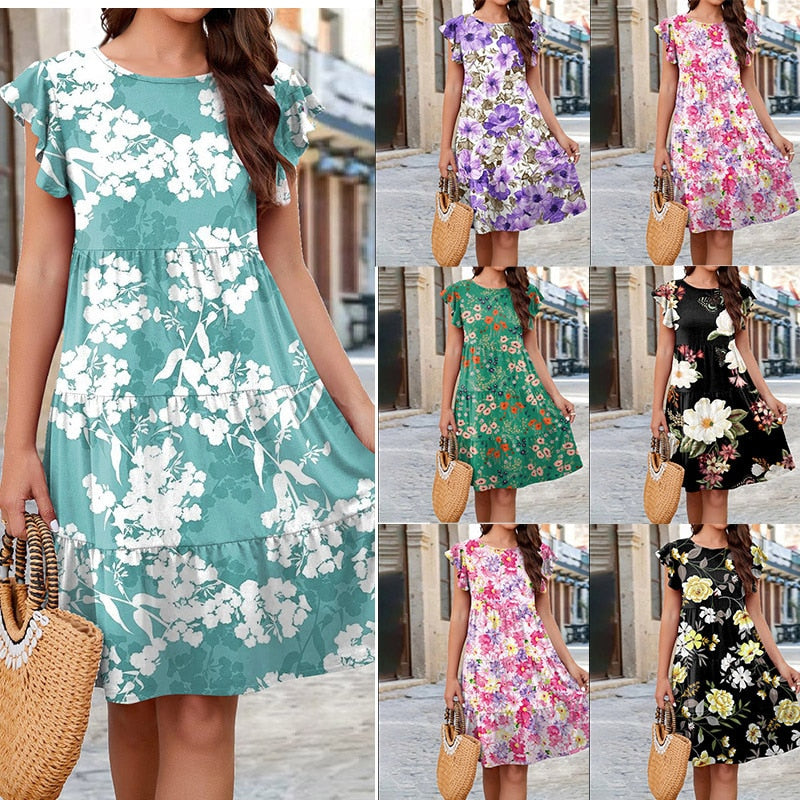 Spring summer v-neck floral short-sleeved dress