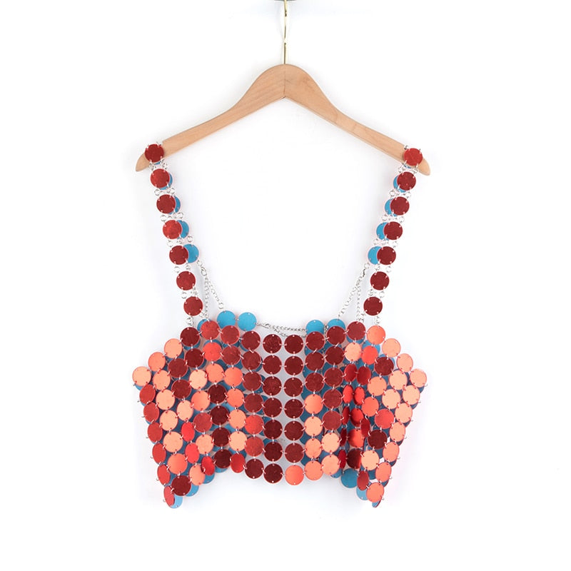 Leqoel Women Sequined Tank Tops for Women Fashion Female Clothing Shiny Metal Shoulder Strap Sexy Backless Mesh Crop Top