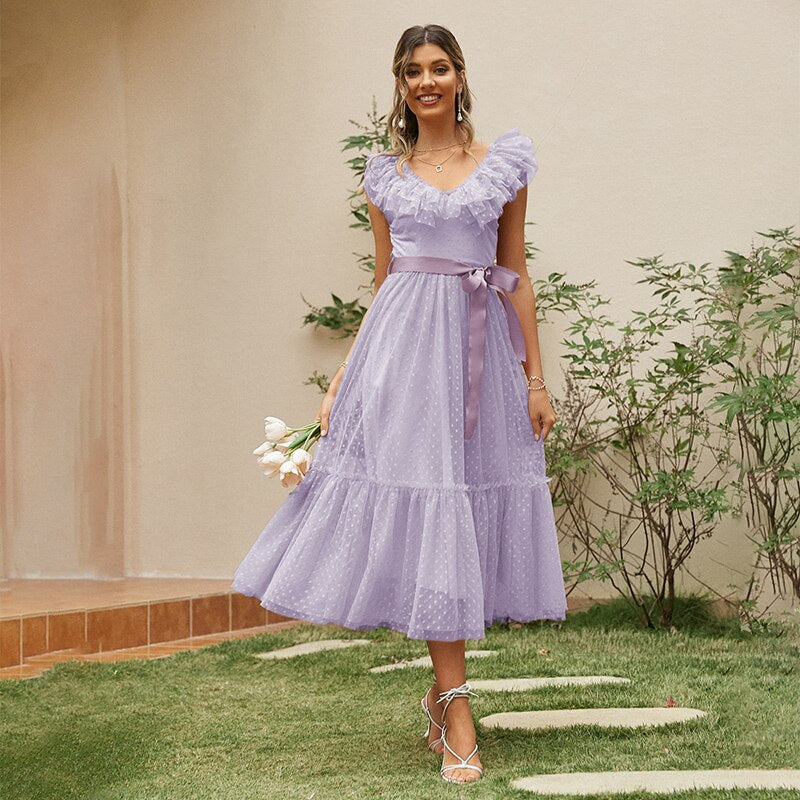 sixsr Fashion Trends V-neck mesh polka dot summer tulle party dress women Backless pink ruffle sleeveless dresses Elegant sash maxi vestido