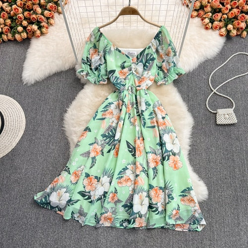 Sixsr Summer Outfits Ladies French Retro V-neck Floral Women Dress Elegant Draped Flowers Short Puff Sleeves Slim Fairy Mid-calf A-line Dress