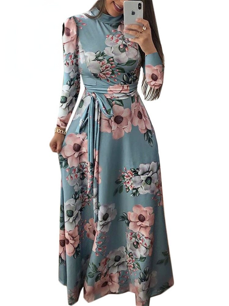 Sixsr Women Summer Long Dress Casual Long Sleeve Boho Floral Print Maxi Dress Turtleneck Bandage Elegant Party Dresses Vestidos