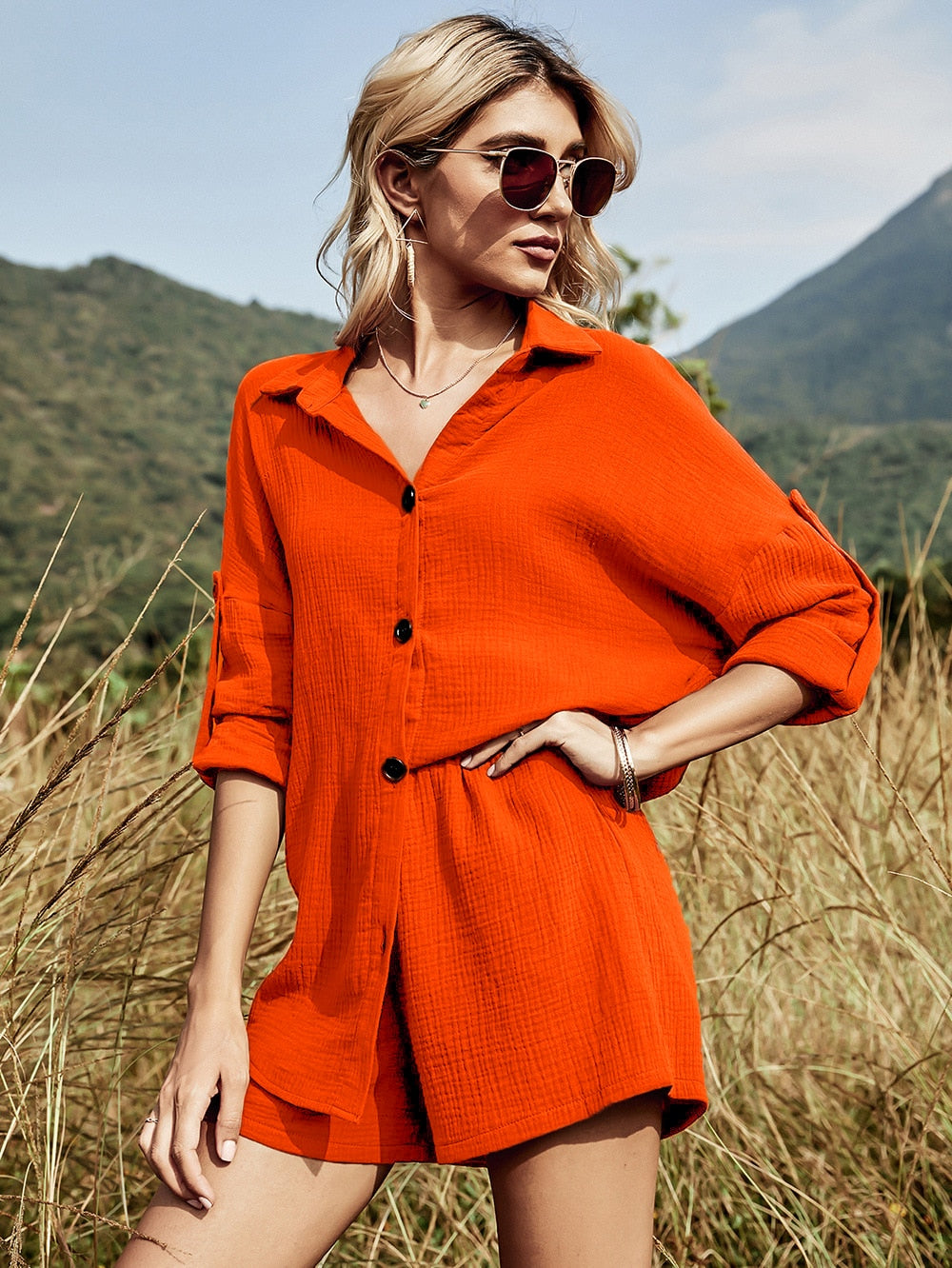 Summer Beach Casual Button White Women's Sets Cotton Linen Two Pieces Sets Long Sleeve Shirt and Shorts Women Set Outfits