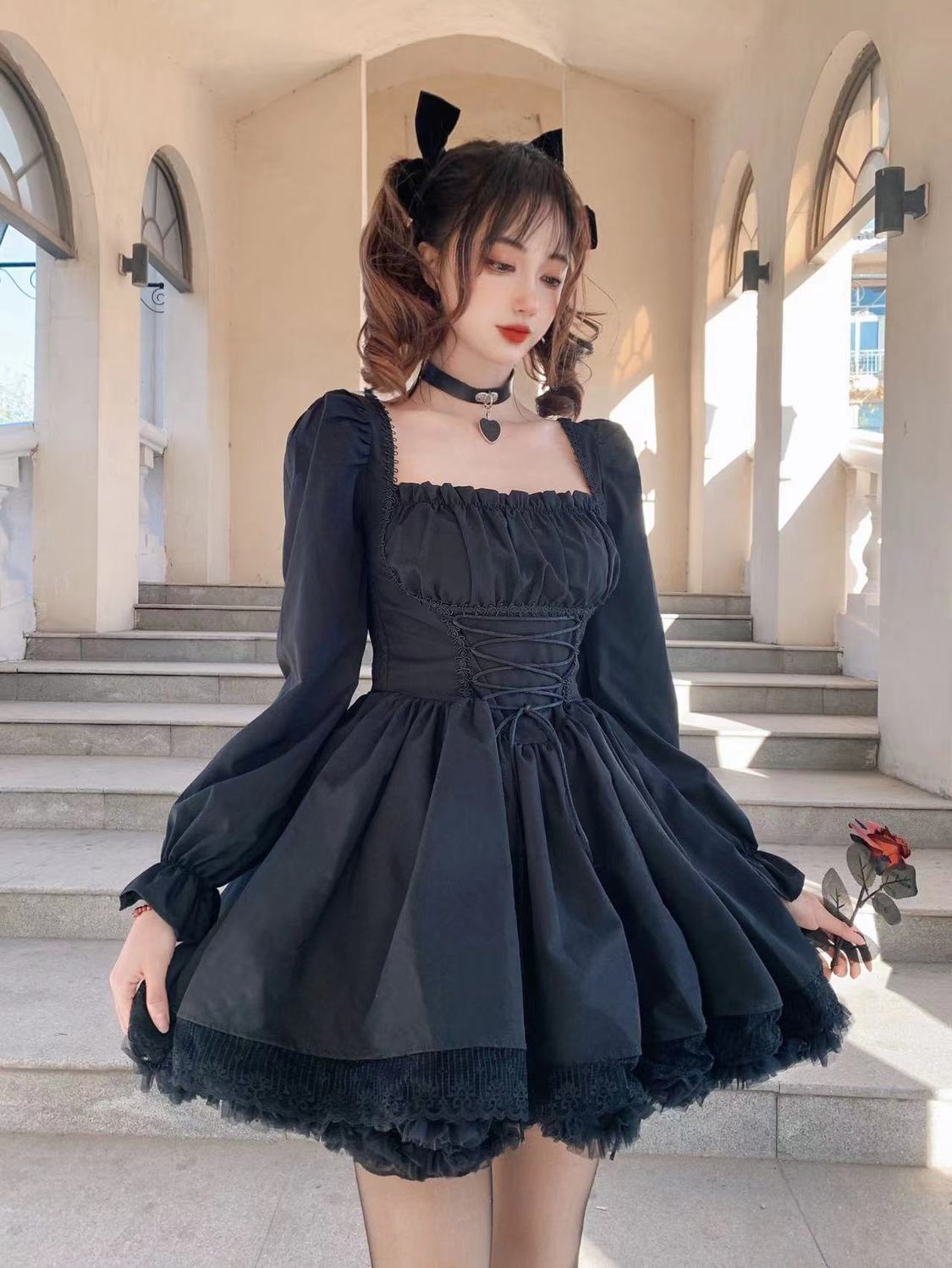 sixsr Womens New Trends White Lolita Dress Kawaii Vinatge Long Sleeve Mini Dresses Black Gothic Bandage Lace Patchwork Streetwear Square Collar