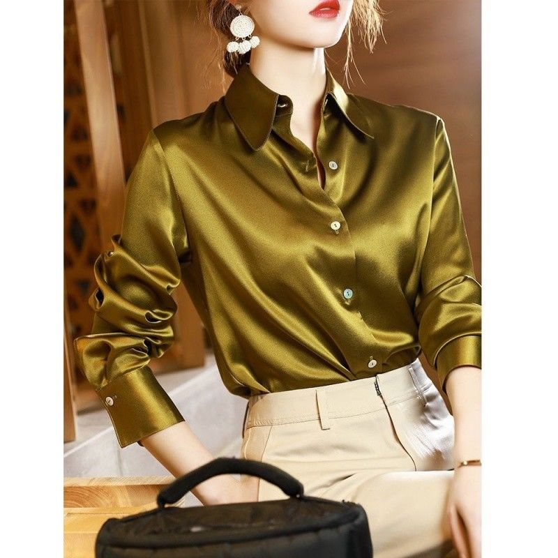 Sixsr Brand Quality Luxury Women Shirt Elegant Office Button Up Long Sleeve Shirts Momi Silk Crepe Satin Blouses for Women Fashion Business Ladies Top