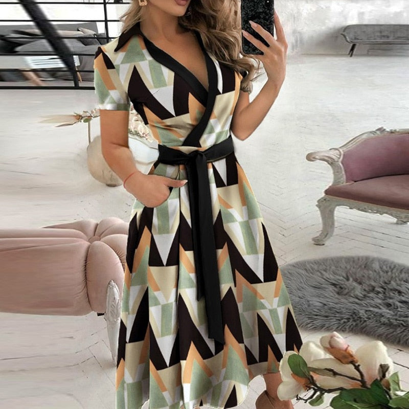v neck long sleeve spring summer printed dress