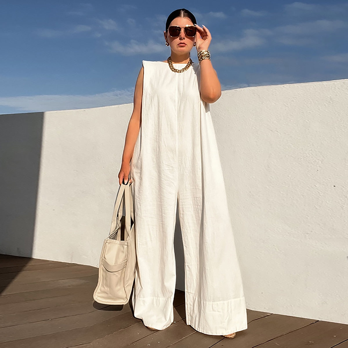 Solid Color Sleeveless Wide Leg Fitness Summer Fashion Female Loose White Black Casual Cool Jumpsuits for Women