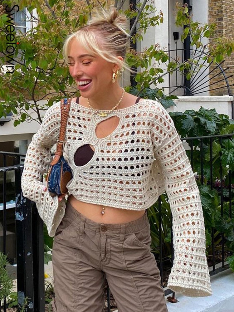 sixsr Hot Sell Irregular Hollow Out Knitted Y2K T-Shirts Women Summer Vacation Clothes O Neck Flare Sleeve See Through Casual Tops