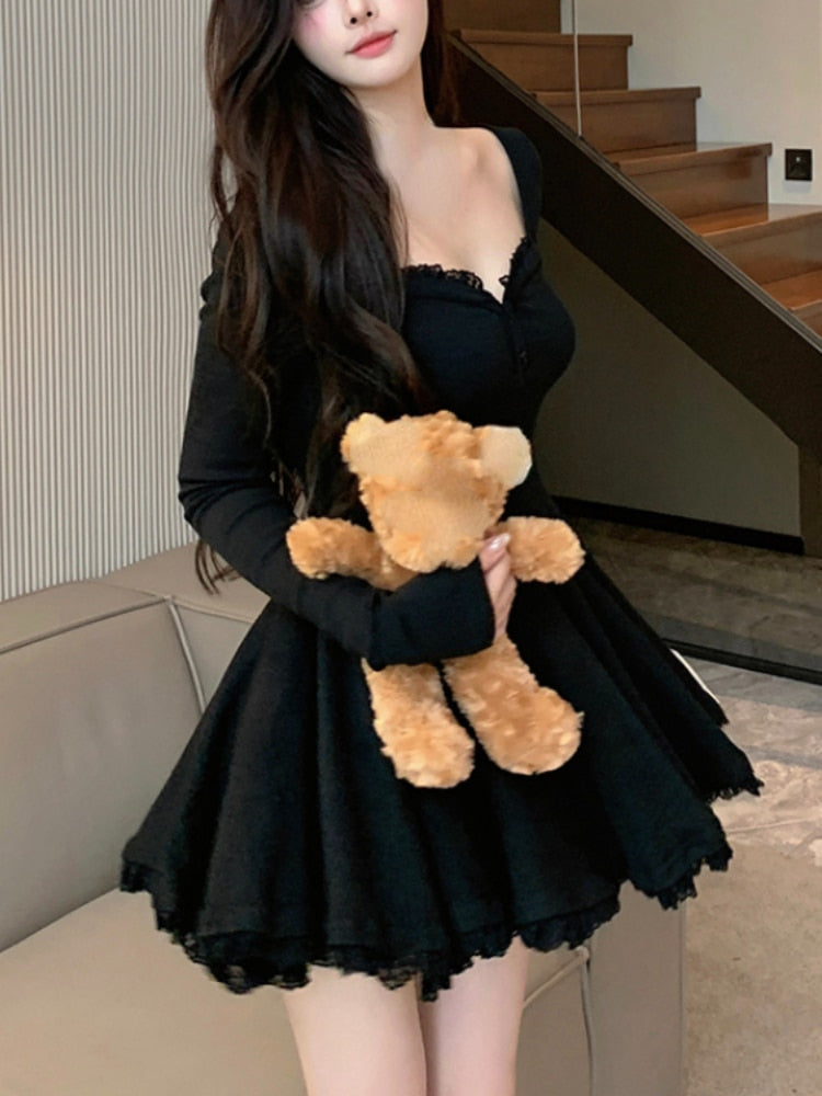 Long Sleeve Lace Mini Dress Woman Lolita Kawaii Dress Party Casual Slim Pure Color Elegant Dress Korean Style Female