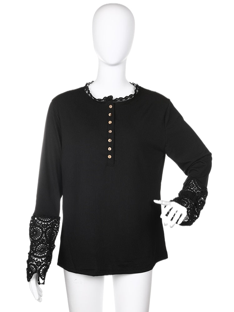 sixsr Lace Splicing Top Long Sleeve T Shirt Woman Button Slim Tops Tee Autumn Spring Patchwork Sleeve T-shirt Women Sexy Streetwear