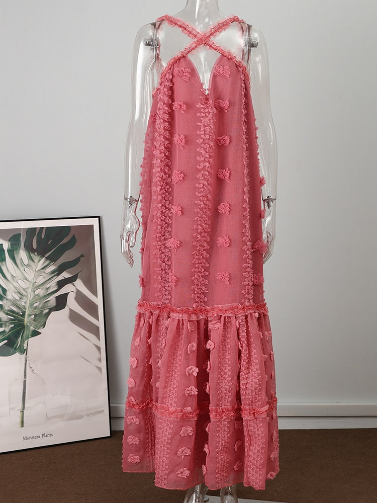 Sixsr Sleeveless Halter Maxi Summer Dress For Women Fashion Ruffle Beach Long Robe Elegant Slip Holiday Hollow Out Sundress