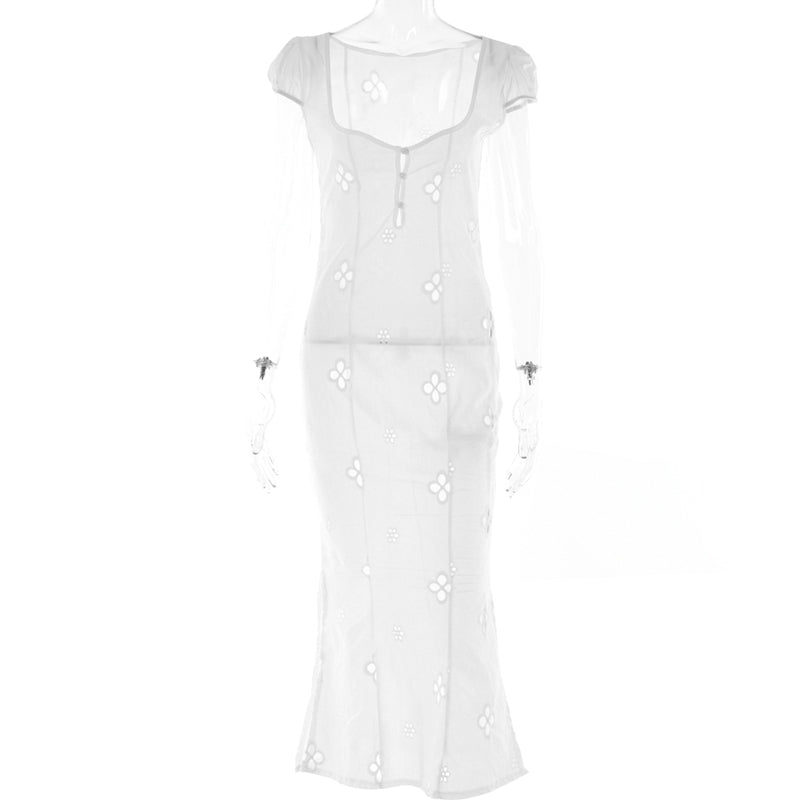 Square Collar Black Mini Dresses Summer Sexy High Waist Short Sleeve Beachwear Bodycon Hollow Out Sundress Female sixsr