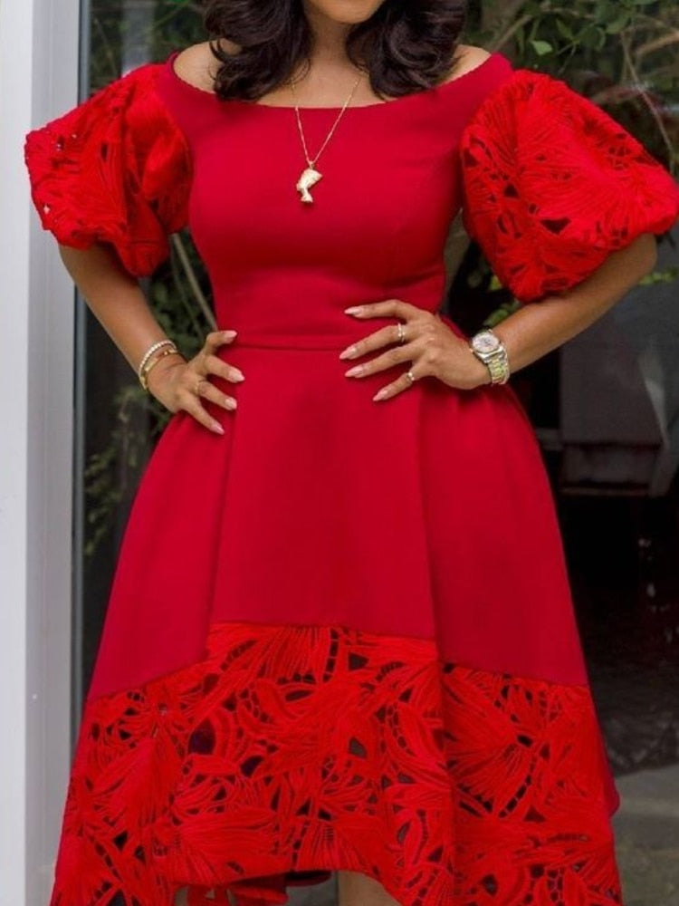 sixsr Women Red Dress Off Shoulder Lace Hollow Out Patchwork A Line Pleat Elegant Party Large Size Lady Female Homecoming Robes Gowns
