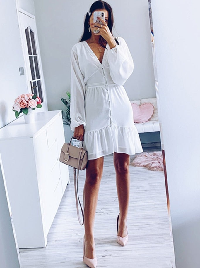 sixsr Summer Dresses For Women Sexy Plunge V Neck Women's Summer Dress White Lace Long Sleeve Mini Wedding Party Dress Ruffle Elegant Clothes