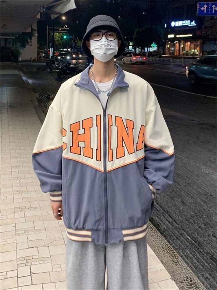 Letter retro baseball uniform jacket men's 2024SS Japan style loose contrast color casual stand collar varsity jacket unisex top