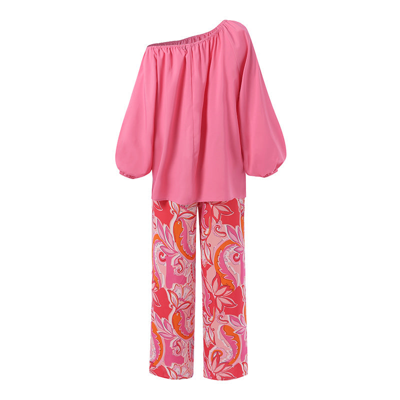 Pants Sets Fashion One Shoulder 3/4 Sleeve Tops Floral Print Wide Leg Trouser Women Two Piece Sets Casual Loose Suit