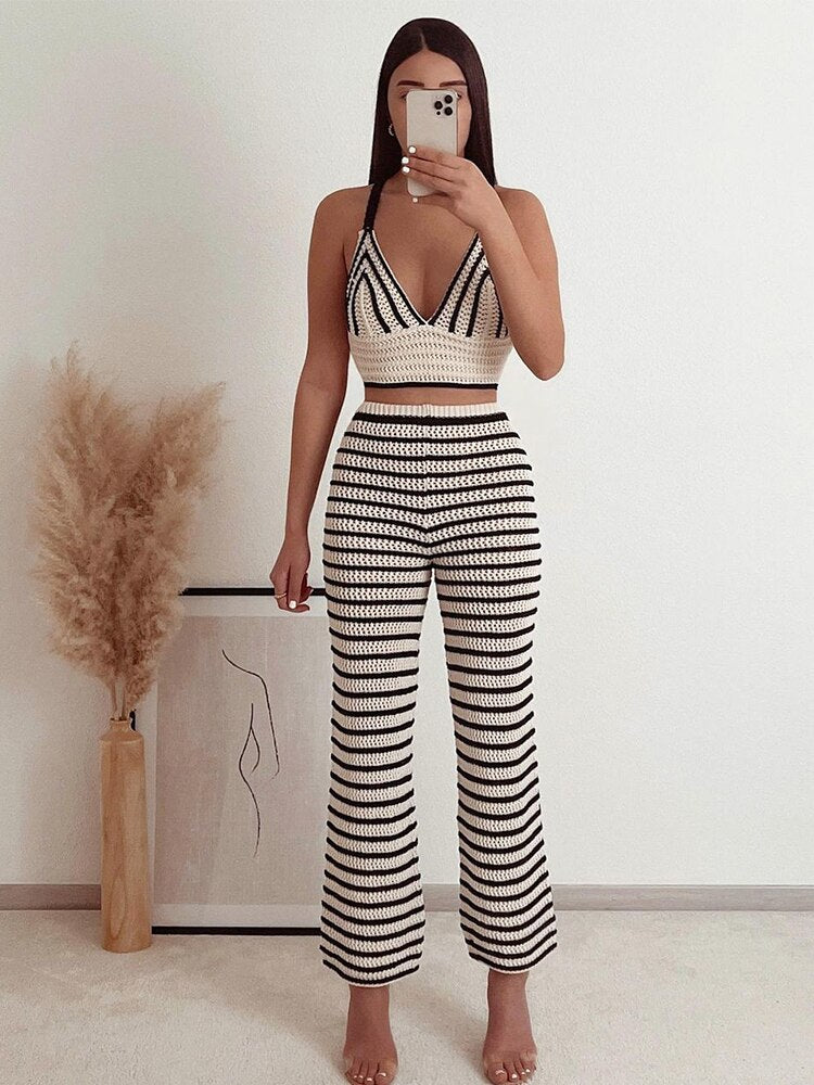 Knitted Two Piece Set Long Sleeve Crop Top Beach Sexy And Bodycon Trousers Summer Women Outfits Party Club